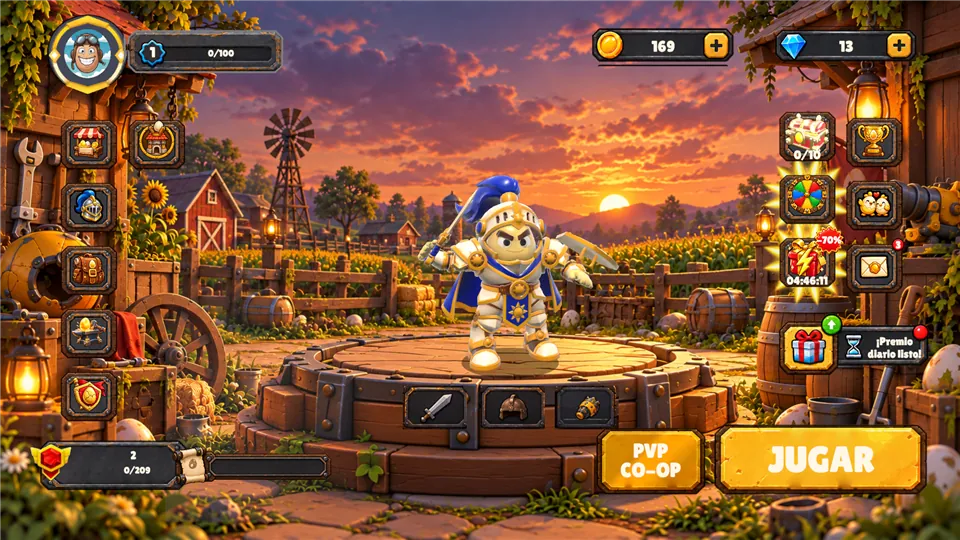 BattleEggs home screen with the Paladin hero on the farm at sunset