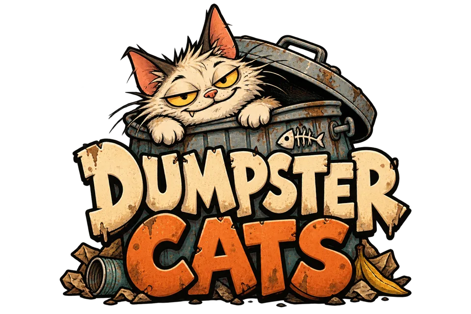 Logo provisional de Dumpster Cats: un gato desaliñado dentro de un cubo de basura metálico