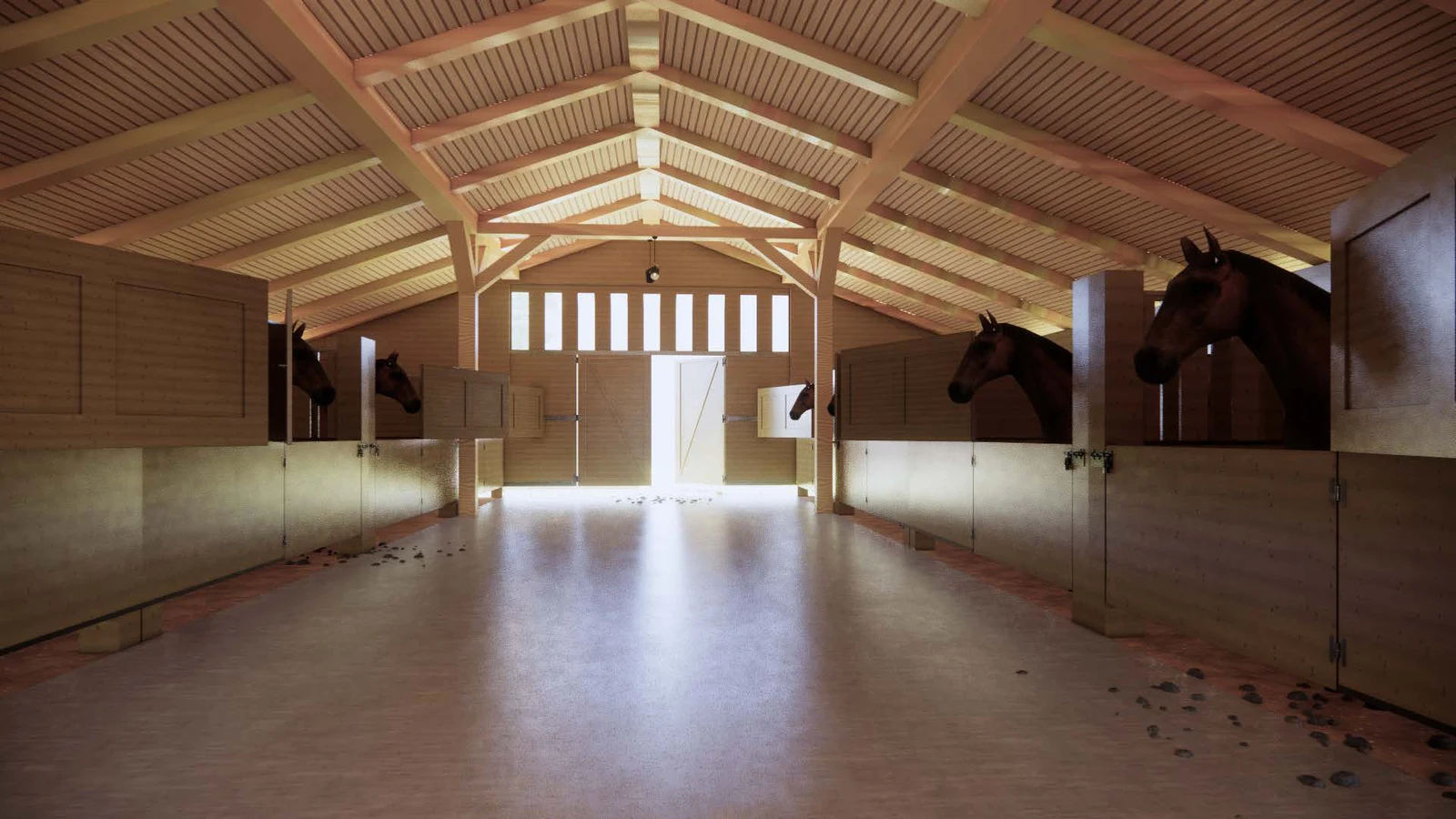 Architectural interior render with a timber roof and open floor