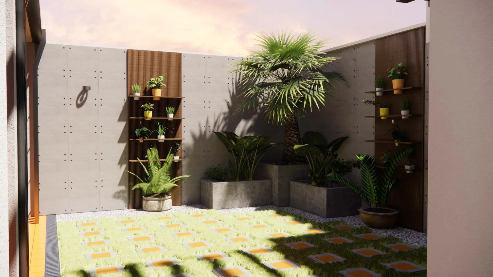 Courtyard render with stone, plants and daylight