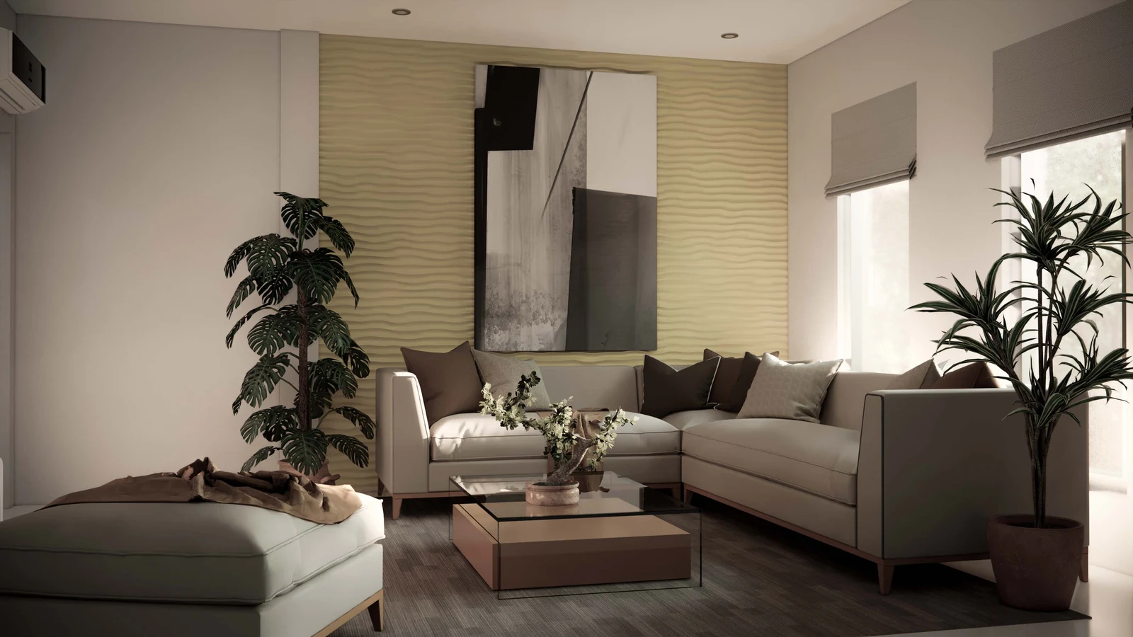 Interior render with a sofa, layered materials and natural light